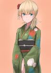  1girl bangs blonde_hair blue_eyes blunt_bangs cowboy_shot floral_print flower green_kimono hair_flower hair_ornament hair_over_shoulder highres japanese_clothes kamaboko_senshi kantai_collection kimono long_hair looking_at_viewer orange_background shin&#039;you_(kantai_collection) simple_background smile solo 