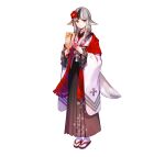  1girl absurdres animal_ears bangs black_hair closed_mouth commentary_request fire_emblem fire_emblem_fates fire_emblem_heroes full_body fuzichoco grey_hair hagoita hair_ornament highres holding japanese_clothes kimono long_hair looking_at_viewer multicolored_hair obi official_art paddle pointy_ears sandals sash shiny shiny_hair smile solo standing tabi tail velouria_(fire_emblem) white_background white_legwear wide_sleeves wolf_ears wolf_tail 