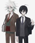  2boys ahoge antenna_hair arm_at_side bag bangs black_hair black_jacket brown_neckwear brown_pants collared_shirt commentary_request cowboy_shot dangan_ronpa_(series) dangan_ronpa_3_(anime) dangan_ronpa_v3:_killing_harmony gloves green_eyes grey_background grey_hair hair_between_eyes hand_up highres holding hope&#039;s_peak_academy_school_uniform iumi_urura jacket komaeda_nagito looking_at_viewer male_focus multiple_boys necktie official_alternate_costume pants saihara_shuuichi school_bag school_uniform shirt simple_background standing white_gloves white_hair 