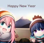  2girls :d bangs beanie blue_eyes blue_hair blue_sky blush closed_mouth commentary_request day eyebrows_visible_through_hair grey_scarf hair_between_eyes happy_new_year hat highres kagamihara_nadeshiko kuena looking_at_viewer mount_fuji multiple_girls new_year open_mouth outdoors pink_hair scarf shima_rin sky smile sunrise violet_eyes white_headwear yurucamp 