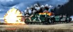  caterpillar_tracks clouds commentary_request day explosion forest grass ground_vehicle highres k1_(tank) k2_black_panther korean_commentary military military_vehicle motor_vehicle nature no_humans original sky smoke tank yihan_world 