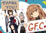  3girls :3 absurdres black_dress bow brown_eyes brown_hair dress english_commentary english_text girls_frontline gloves grey_hair hair_bow hair_ornament highres holding holding_sign kion-kun m200_(girls_frontline) multiple_girls official_alternate_costume open_mouth scar scar_across_eye second-party_source sign smile strapless strapless_dress twitter_username type_79_(girls_frontline) ump9_(girls_frontline) violet_eyes 