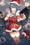  1girl ;d bare_shoulders bauble black_bow black_legwear black_ribbon blue_background blue_hair blush bow christmas christmas_ornaments dress en_(shisui_no_utage) eyebrows_visible_through_hair feathered_wings feet_out_of_frame fur-trimmed_dress fur-trimmed_footwear fur-trimmed_headwear fur_trim gift hat highres holding holding_gift long_hair looking_at_viewer off-shoulder_dress off_shoulder one_eye_closed open_mouth original pom_pom_(clothes) red_dress red_footwear red_headwear ribbon santa_costume santa_hat smile solo standing standing_on_one_leg thigh-highs wings wrist_cuffs yellow_eyes 