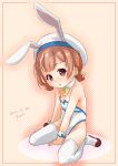  1girl adapted_costume animal_ears ascot brown_eyes brown_hair commentary_request detached_collar fake_animal_ears full_body fyuo hair_rings hat highres kaiboukan_no._4_(kantai_collection) kantai_collection leotard long_hair looking_at_viewer low_twintails playboy_bunny rabbit_ears sailor_hat shoes sitting solo strapless strapless_leotard thigh-highs twintails uwabaki wariza white_headwear white_legwear white_leotard wrist_cuffs yellow_neckwear 