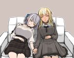  2girls bangs black_choker blonde_hair breasts choker closed_eyes couch hand_on_own_stomach holding_hands hololive large_breasts leaning_on_person medium_breasts multiple_girls open_mouth sailor_collar sazare_(sazare_az) shiranui_flare shirogane_noel silver_hair sitting sleeping sweater sweater_tucked_in virtual_youtuber yuri 