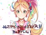  1girl 2021 blonde_hair blue_hair choker closed_mouth collarbone commentary_request crossed_arms cure_summer green_eyes happy_new_year highres lazy_orange long_hair looking_at_viewer magical_girl multicolored_hair natsuumi_manatsu new_year pink_hair ponytail precure solo star_(symbol) starry_background tropical-rouge!_precure upper_body white_background white_choker 