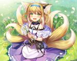  1girl :d animal_ear_fluff animal_ears arknights bare_shoulders blonde_hair blue_hairband braid commentary day flower frilled_skirt frills grass hair_rings hairband highres holding holding_flower infection_monitor_(arknights) ion_(on01e) looking_at_viewer multicolored_hair multiple_tails on_grass open_mouth outdoors pleated_skirt purple_skirt revision shirt sidelocks skirt smile solo sparkle sunlight suzuran_(arknights) tail twin_braids two-tone_hair white_flower white_hair white_shirt 