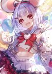  1girl :d animal_ears azalea4 bangs blunt_bangs commentary_request eyebrows_visible_through_hair frilled_skirt frills granblue_fantasy heart looking_at_viewer midriff mouse mouse_ears navel open_mouth red_eyes short_hair silver_hair skirt smile solo vikala_(granblue_fantasy) white_skirt wide_sleeves 