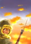  1girl arisaka bayonet bolt_action brown_eyes brown_hair clouds from_behind fur-trimmed_headwear fur-trimmed_jacket fur_trim gun hat imperial_japanese_army jacket looking_at_viewer looking_back m_tap military military_uniform open_mouth original rifle sky smile soldier sunset uniform upper_body weapon winter_clothes winter_uniform world_war_ii 
