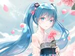  1girl bangs blue_eyes blue_hair blush clouds day eyebrows_visible_through_hair falling_petals flat_chest floral_print flower hair_between_eyes hatsune_miku holding holding_flower iren_lovel light_smile long_hair looking_at_viewer parted_lips petals pink_flower pink_rose rose see-through_shirt sky solo tassel twintails upper_body very_long_hair vocaloid 