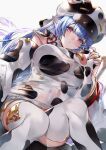  1girl animal_ears animal_print bangs bare_shoulders bikini blue_hair blush breasts cow cow_ears cow_girl cow_hat cow_horns cow_print detached_collar detached_sleeves draph ear_piercing granblue_fantasy highres hinahino horns large_breasts long_hair looking_at_viewer navel open_mouth piercing pointy_ears shatola_(granblue_fantasy) sheer_clothes short_shorts shorts sitting swimsuit thigh-highs thighs violet_eyes white_bikini white_legwear white_shorts wide_sleeves 