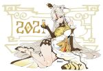  1girl 2021 alcohol bare_shoulders breasts champagne china_dress chinese_clothes dress elbow_gloves findoworld full_body genshin_impact gloves hair_ornament high_heels highres large_breasts legs long_hair looking_at_viewer new_year ningguang red_eyes solo white_hair 