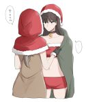  ... 2girls bangs barefoot bell bell_choker black_choker black_gloves black_hair blunt_bangs brown_eyes brown_hair capelet choker christmas closed_mouth commentary crop_top cropped_legs eyebrows_visible_through_hair fur-trimmed_capelet fur_trim girls_und_panzer girls_und_panzer_senshadou_daisakusen! gloves hat holding_blanket hood hood_up hooded_capelet lace-up light_blush light_frown long_hair long_sleeves looking_at_another mature micro_shorts multiple_girls navel nishizumi_shiho off-shoulder_shirt off_shoulder official_alternate_costume red_capelet red_headwear red_shirt red_shorts santa_costume santa_hat shimada_chiyo shirt shorts simple_background spoken_ellipsis standing straight_hair translated white_background yuri yuuhi_(arcadia) 