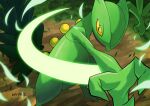  commentary_request creature day enishi_(menkura-rin10) fighting_stance gen_3_pokemon grass highres leaf looking_at_viewer motion_lines no_humans outdoors pokemon pokemon_(creature) sceptile shadow signature solo standing yellow_eyes 
