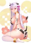  1girl animal_ears animal_print ass back bangs blush breasts cow_ears cow_horns cow_print cow_tail earrings fate/grand_order fate_(series) female_ass hair_ribbon horns jewelry kama_(fate/grand_order) large_breasts long_hair looking_at_viewer neck_ring red_eyes ribbon sideboob silver_hair sitting tail thigh-highs thighs wariza white_legwear yamamura_umi 