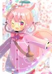  1girl ;3 ;d animal_ear_fluff animal_ears bangs blurry blurry_background blush boots bow braid depth_of_field dress eyebrows_visible_through_hair flower hair_between_eyes hair_bow hair_rings kouu_hiyoyo long_sleeves looking_at_viewer one_eye_closed open_mouth original outstretched_arm pantyhose pink_dress pink_flower pink_footwear pink_hair red_bow red_legwear short_eyebrows smile solo squirrel_ears squirrel_tail tail thick_eyebrows twin_braids violet_eyes 