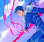  1boy abs armor beads blue_hair bodysuit clouds cu_chulainn_(fate)_(all) dark_persona earrings fang fate/stay_night fate_(series) floating_hair from_side grin hair_beads hair_ornament jewelry lancer long_hair male_focus muscular nozawa pauldrons pectorals ponytail red_eyes shoulder_armor skin_tight sky smile solo spiky_hair type-moon 