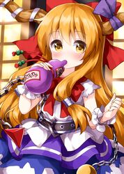  1girl bangs blue_dress blue_skirt bow bowtie chain cowboy_shot cuffs dress drinking eyebrows_visible_through_hair gourd hair_between_eyes hair_bow highres horn_ornament horn_ribbon horns ibuki_suika light_rays long_hair looking_at_viewer metal_belt oni_horns orange_hair purple_ribbon pyramid red_bow red_neckwear ribbon ruu_(tksymkw) shackles shirt skirt solo sphere standing torn_clothes torn_sleeves touhou very_long_hair white_ribbon white_shirt wrist_cuffs 