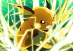  black_eyes clenched_teeth commentary_request creature electricity enishi_(menkura-rin10) gen_1_pokemon green_background highres no_humans pokemon pokemon_(creature) raichu signature simple_background solo standing teeth 