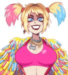  1girl aqua_hair batman_(series) blonde_hair blue_eyes breasts chain dc_comics earrings eyeshadow harley_quinn jewelry large_breasts makeup mike_luckas multicolored_hair necklace open_mouth pink_hair sidelocks simple_background smile solo suspenders upper_body white_background 