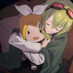  1girl blanket bow character_doll closed_mouth commentary goggles goggles_on_head green_hair gumi hair_bow hair_ornament hairclip indoors kagamine_rin medium_hair object_hug open_mouth red_goggles sad shirt smile solid_oval_eyes tears vocaloid white_bow white_shirt wounds404 