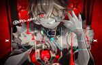  1boy belt_collar blonde_hair cape collar commentary crown fangs finger_in_mouth fur-trimmed_cape fur_trim grin hand_up holding_crown ironaki kagamine_len king_(vocaloid) limited_palette looking_at_viewer male_focus nail_polish red_background red_eyes sitting slit_pupils smile song_name throne twitter_username upper_body vocaloid 