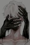  1boy black_eyes collarbone covering_mouth dripping fingernails grey_background hair_between_eyes hand_on_another&#039;s_head hand_over_another&#039;s_mouth hands highres male_focus original painterly red_pupils shadow simple_background solo sriokorr upper_body white_hair 