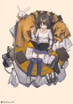  1girl barefoot black_hair blue_pants book brown_dog carrot dog fan lanzi_(415460661) long_hair long_sleeves original pants pen rabbit rug shadow shirt shoes_removed signature solo white_shirt wide_shot 