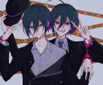  2boys :d ahoge black_hair black_headwear black_jacket bracelet caution_tape collarbone collared_shirt commentary_request cuffs dangan_ronpa_(series) dangan_ronpa_v3:_killing_harmony dual_persona formal frown grey_background grey_shirt handcuffs happy hat hat_removed headwear_removed highres holding holding_clothes holding_hat iumi_urura jacket jewelry keep_out long_fingers looking_at_viewer male_focus multicolored_hair multiple_boys necktie official_alternate_costume open_clothes open_jacket open_mouth pink_hair purple_hair red_eyes saihara_shuuichi shirt short_hair simple_background smile striped striped_jacket striped_neckwear suit upper_body upper_teeth v 