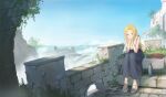  1girl absurdres blonde_hair blue_eyes book castle day highres long_hair long_skirt looking_at_viewer mitsuki_(yu_hsiang_yi) original outdoors scenery sitting skirt sky sleeveless solo thermos 
