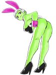  1girl absurdres alternate_costume animal_ears asimatosinosin ass black_footwear black_leotard breasts bunny_tail cheelai colored_skin dragon_ball dragon_ball_super dragon_ball_super_broly fake_animal_ears fake_tail from_behind full_body green_skin high_heels highres leaning_forward leotard looking_at_viewer playboy_bunny rabbit_ears short_hair sideboob simple_background smile solo standing strapless strapless_leotard tail white_background white_hair wrist_cuffs 