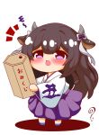  1girl :d absurdres ahoge animal_ears azur_lane bangs black_hair blush bow chibi chinese_zodiac cow_ears cow_girl cow_horns cow_tail eyebrows_visible_through_hair full_body hair_between_eyes hair_bow hair_ornament hakama highres holding horns japanese_clothes kashino_(azur_lane) kimono kurukurumagical long_sleeves looking_at_viewer miko new_year notice_lines open_mouth purple_hakama smile solo standing tail translation_request violet_eyes white_background white_bow white_kimono wide_sleeves year_of_the_ox 