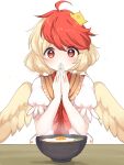  +_+ 1girl ahoge animal_on_head bangs bird bird_wings blonde_hair blush bowl chick commentary_request covering_mouth egg eyebrows_visible_through_hair food hair_between_eyes hands_together highres looking_down multicolored_hair niwatari_kutaka on_head ougi_hina puffy_short_sleeves puffy_sleeves red_eyes red_neckwear redhead shirt short_hair short_sleeves simple_background solo soup sparkle table touhou two-tone_hair upper_body white_background white_shirt wings 