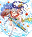 2girls altina_(fire_emblem) attack battle blue_hair determined edelgard_von_hresvelgr_(fire_emblem) fire_emblem fire_emblem:_radiant_dawn fire_emblem:_three_houses fire_emblem_heroes flower_hair_ornament hat holding_umbrella magic red_clothes sandals sheathed_sword smile summer summer_clothes white_clothes white_hair