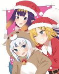  3girls animal_costume blush christmas eye_contact gawr_gura hat highres hololive hololive_english inuzuka_nr looking_at_another multiple_girls ninomae_ina&#039;nis reindeer_costume reindeer_girl santa_costume santa_hat upper_body virtual_youtuber watson_amelia 