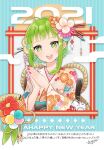  1girl 2021 commentary cow egasumi floral_print green_eyes green_hair gumi hair_ornament hands_clasped happy_new_year highres japanese_clothes kanzashi kimono nail_polish nengajou new_year obi open_mouth orange_kimono own_hands_together raputsue red_nails rope sash shimenawa short_hair sidelocks signature smile solo translated upper_body vocaloid 