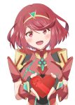 1girl bangs black_gloves blush breasts commentary_request facing_viewer fingerless_gloves gift gloves heart holding holding_gift kageyasu large_breasts open_mouth pyra_(xenoblade) red_eyes redhead short_hair simple_background smile solo swept_bangs tiara upper_body valentine white_background xenoblade_chronicles_(series) xenoblade_chronicles_2 