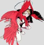  1other ambiguous_gender blonde_hair bobbbob closed_mouth feathered_wings grey_background halo kneeling multiple_wings no_shoes original red_wings simple_background socks solo wings yellow_eyes 