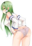  1girl ahoge arm_up ass bare_shoulders blue_eyes blue_skirt blush breasts closed_mouth commentary_request cowboy_shot detached_sleeves eyebrows_visible_through_hair frog_hair_ornament from_behind green_hair hair_ornament hair_tubes highres kochiya_sanae large_breasts leaning_forward long_hair long_sleeves looking_back medium_breasts panties shirt single_sidelock skirt smile snake_hair_ornament solo thighs touhou underwear white_panties white_shirt wide_sleeves yamabukiiro_(browncat) 