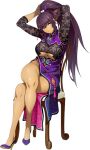  1girl adjusting_hair amanomiya_ayame arms_up black_hair breasts crossed_legs dark_skin dress full_body head_tilt high_ponytail large_breasts long_hair official_art on_chair simple_background sitting solo super_robot_wars super_robot_wars_x-omega under_boob watanabe_wataru_(character_designer) white_background 