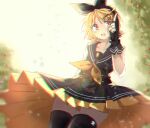  1girl bangs black_bow black_collar black_dress black_gloves black_legwear blonde_hair blurry blurry_background bow chromatic_aberration collar collared_dress commentary cowboy_shot dress fingerless_gloves food fruit gloves hair_bow hair_ornament hairclip hand_up index_finger_raised kagamine_rin neckerchief pleated_dress rollisy sailor_collar short_hair swept_bangs thigh-highs vocaloid vocaloid_(sour-type_ver) yellow_eyes yellow_neckwear zettai_ryouiki 