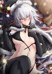  1girl absurdres ahoge bangs bikini black_bikini black_capelet black_gloves black_headwear black_legwear blush breasts capelet christmas elbow_gloves fate/grand_order fate_(series) fur-trimmed_capelet fur-trimmed_headwear fur_trim gloves hat highres isane jeanne_d&#039;arc_(alter)_(fate) jeanne_d&#039;arc_(fate)_(all) large_breasts looking_at_viewer merry_christmas navel revision santa_hat short_hair silver_hair swimsuit thigh-highs untied untied_bikini yellow_eyes 