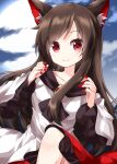  1girl animal_ear_fluff animal_ears ascot bangs black_neckwear brooch brown_hair closed_mouth clouds cowboy_shot dress eyebrows_visible_through_hair frilled_dress frills full_moon hair_over_one_eye highres imaizumi_kagerou jewelry long_hair long_sleeves looking_at_viewer moon multicolored multicolored_clothes multicolored_dress night red_dress red_eyes red_nails ruu_(tksymkw) smile solo touhou two-tone_dress v-shaped_eyebrows white_dress wide_sleeves wolf_ears 