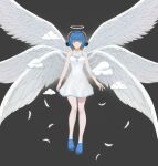  1girl angel angel_wings bare_arms bare_shoulders blue_footwear blue_hair clouds crocs dress ex-trident feathered_wings feathers full_body grey_background halo headphones multiple_wings phyrnna seraph short_dress short_hair solo white_dress white_wings wings yellow_eyes 