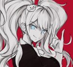  1girl \m/ bangs bear_hair_ornament black_shirt blue_eyes breasts closed_mouth commentary_request dangan_ronpa_(series) dangan_ronpa_v3:_killing_harmony enoshima_junko eyebrows_visible_through_hair from_side hair_between_eyes hair_ornament hand_up highres iumi_urura large_breasts long_hair looking_at_viewer red_background shirt simple_background sketch smile solo spot_color twintails upper_body 