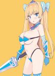  1girl armor bangs bikini_armor blade_(galaxist) blonde_hair blue_armor blue_eyes blue_gloves blue_legwear blue_nails bow breasts copyright_request earrings eyebrows_visible_through_hair fingerless_gloves fingernails gloves hair_bow holding holding_sword holding_weapon jewelry large_breasts long_hair looking_at_viewer nail_polish navel open_mouth simple_background solo striped striped_bow sword thigh-highs tiara twintails vertical-striped_bow weapon yellow_background 