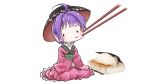  absurdres ahoge bangs bowl bowl_hat chamaji cheek_pinching chopsticks commentary_request food hair_intakes hat highres japanese_clothes kimono long_sleeves minigirl mochi obi pinching pink_kimono purple_hair sash sitting sukuna_shinmyoumaru touhou white_background wide_sleeves 