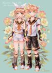 1boy 1girl anniversary aqua_background arm_warmers bangs bare_shoulders black_collar black_shorts black_sleeves blonde_hair bow character_name closed_mouth collar commentary crop_top dated duplicate floral_background flower fortissimo full_body hair_bow hair_ornament hairclip hana_(mew) headphones highres holding_hands kagamine_len kagamine_len_(vocaloid4) kagamine_rin kagamine_rin_(vocaloid4) leaf leg_warmers looking_at_viewer magnolia nail_polish neckerchief necktie open_mouth pink_flower sailor_collar school_uniform see-through_sleeves shiny shiny_clothes shirt short_hair short_ponytail short_shorts short_sleeves shorts signature sleeveless sleeveless_shirt smile sparkle spiky_hair standing suspenders swept_bangs v4x vocaloid white_bow white_footwear white_shirt white_shorts yellow_flower yellow_nails yellow_neckwear 