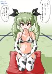  1girl 2021 absurdres anchovy_(girls_und_panzer) animal_costume animal_print bikini chinese_zodiac cow cow_costume cow_girl cow_print cushion drill_hair drops_mint elbow_gloves girls_und_panzer gloves green_hair hair_ribbon highres long_hair new_year ribbon seiza sitting solo swimsuit thigh-highs translation_request twin_drills twintails year_of_the_ox 
