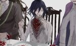  3boys absurdres bangs black_hair blood bloody_clothes brown_hair brown_jacket chair checkered checkered_scarf closed_eyes collared_shirt commentary_request cup dangan_ronpa_(series) dangan_ronpa_v3:_killing_harmony dress_shirt drinking_glass eating flower fork glass gokuhara_gonta grey_background hair_between_eyes head_out_of_frame highres holding holding_fork holding_knife iumi_urura jacket jacket_on_shoulders knife long_hair long_sleeves male_focus messy_hair momota_kaito multiple_boys necktie ouma_kokichi red_flower scarf shirt sitting smile spider_lily table upper_body wine_glass wooden_chair yellow_neckwear 